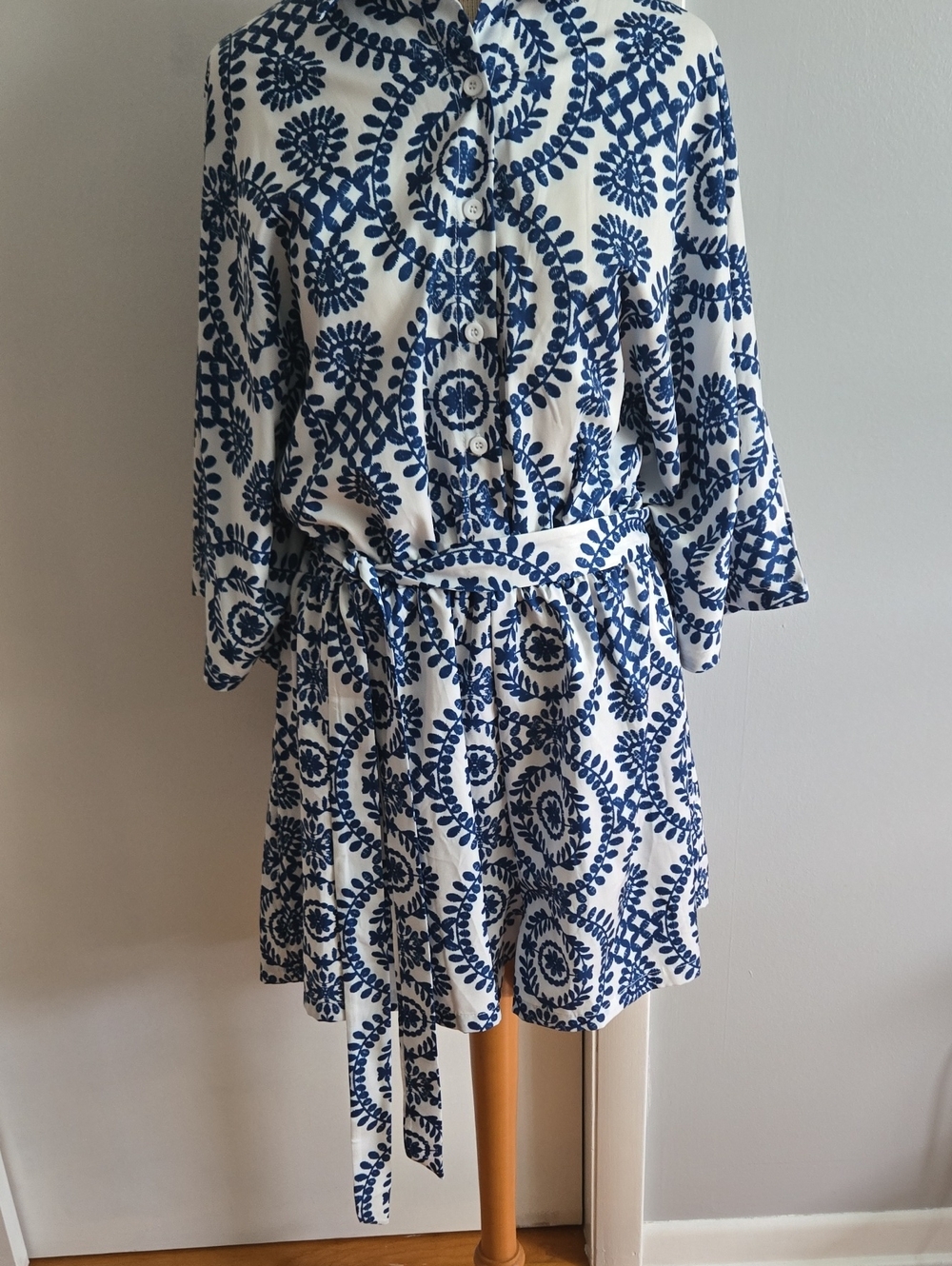 White Shirt Romper with Blue Botanical Print and Tie Belt